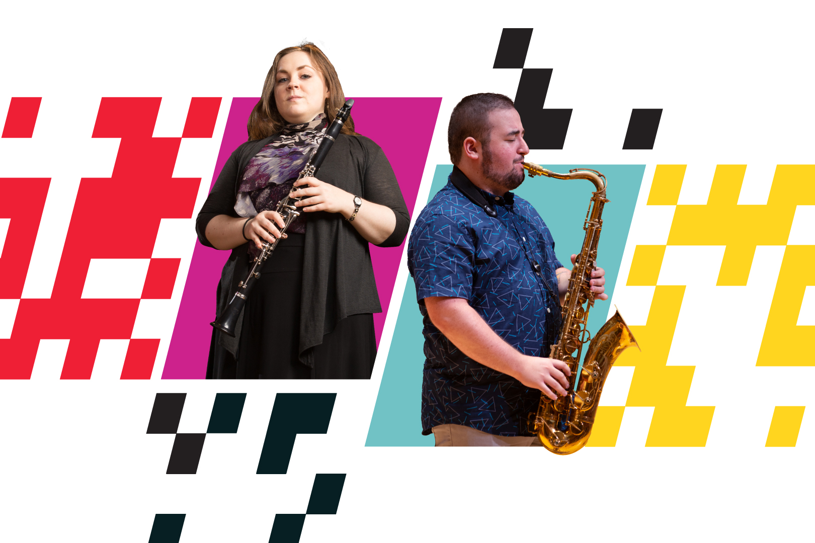 A clarinetist and a saxophonist are featured in a colorful graphic.