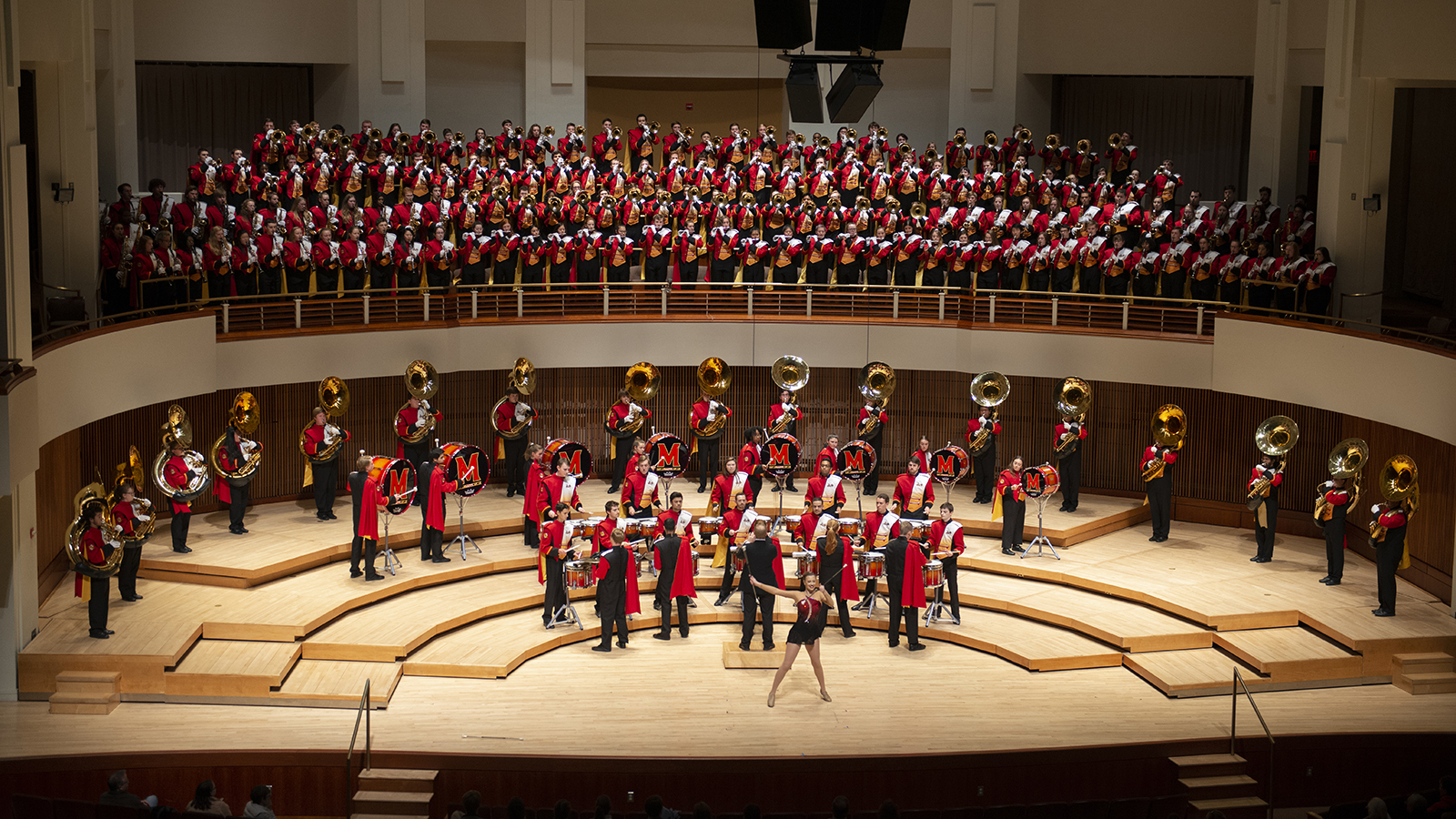 The Mighty Sound of Maryland Marching Band performs in Dekelboum Concert Hall.