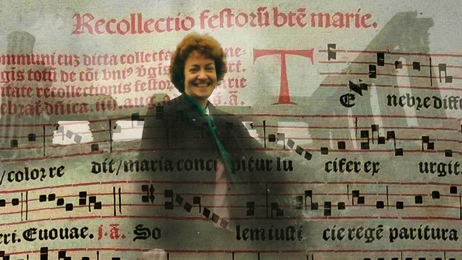 Music sheet and photo of Barbara Haggh Huglo