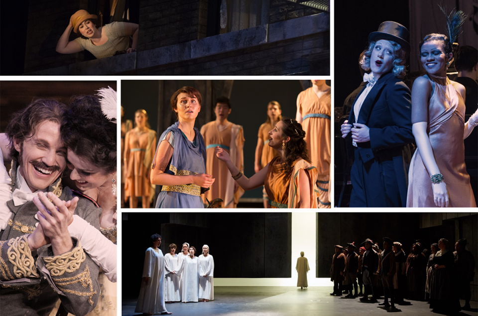  collage of photos from past Maryland Opera Studio spring operas.