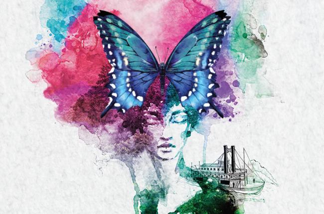 a designed image of a woman with a butterfly over the top of her head. The style is watercolor, and moves from hues of green to purples and pinks