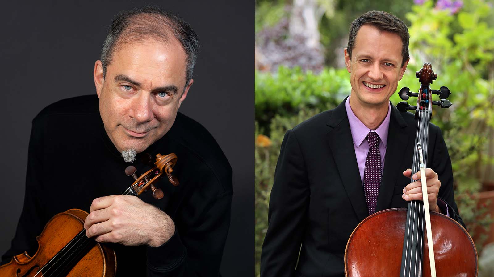 A combined photo of James Stern with his violin and Eric Kutz with his cello.